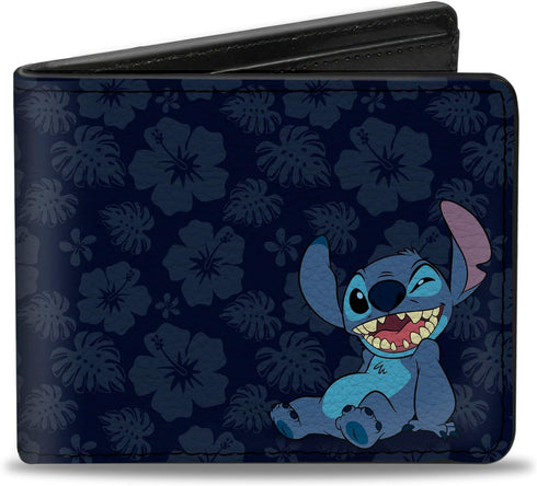 Buckle-Down Men's Disney Wallet, Bifold, Stitch Winking Pose Tropical Flora Blues, Vegan Leather, Multicolor, Standard Size...