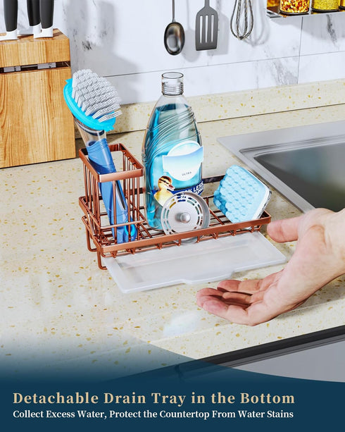 Consumest Sponge Holder for Kitchen Sink - Sink Caddy Kitchen Sink Organizer with Removable Drip Tray for Countertop Dish Soap Dispenser Brush Sto...