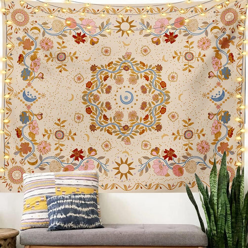 TTYQXZ Wall Tapestry Bohemian - Floral Vine Wall Hanging Celestial Sun Moon and Star Tapestries Hippie Home Decor Boho for Bedroom Aesthetic (Crea...