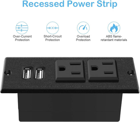 Recessed Power Strip, Black Desktop Power Grommet Socket with Furniture, 2 AC Outlets & 2 USB Ports for Conference Desk,Kitchen,Office,Home,Hotel ...