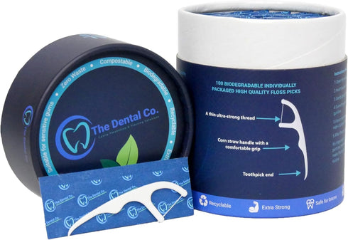 Premium Floss Picks (100 Count), Unflavored Biodegradable Individually Wrapped Dental Floss Picks, Ideal for Traveling | White | Vegan | BPA Free...