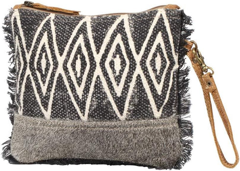 Myra Bag Second Impression Upcycled Canvas & Cowhide Leather Wristlet Pouch Bag S-1261...