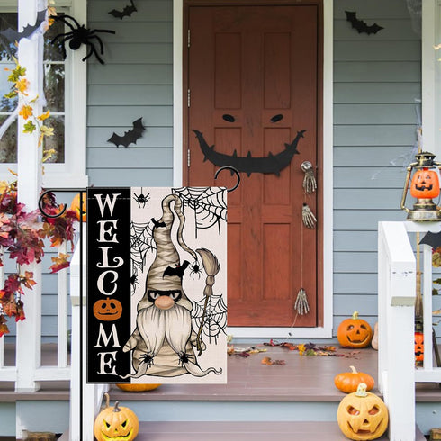 Welcome Halloween Mummy Gnome Small Decorative Garden Flag, Scary Spider Web Bat Yard Lawn Outside Decor, Jack O Lantern Pumpkin Burlap Outdoor Ho...