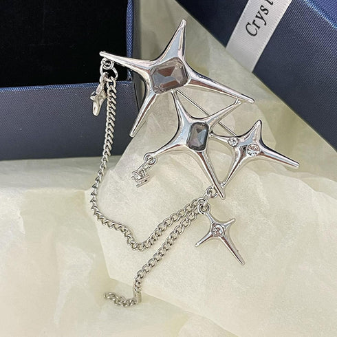 Punk Silver Star Moon Tassel Chain Brooch Collar Pins,Vintage Safety Cubic Zirconia Crystal Chain Tassel Brooch,Brooch Pins Shawl Clips for Women ...