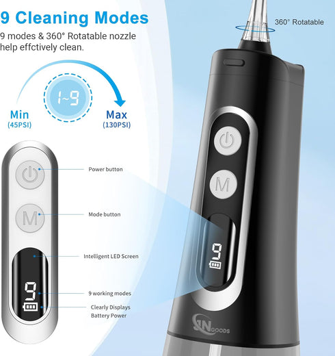 Water Dental Flosser oral irrigator,JNGOODS 300ml Rechargeable water flosser for teeth IPX7 Waterproof 9 Modes portable Oral Irrigator. LED displa...