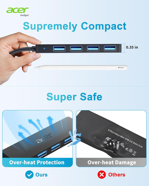 Acer USB Hub 4 Ports, Multiple USB 3.0 Hub, USB A Splitter for Laptop with USB C Power Port, USB Extender for A Port Laptop, Windows, Linux, Acer ...
