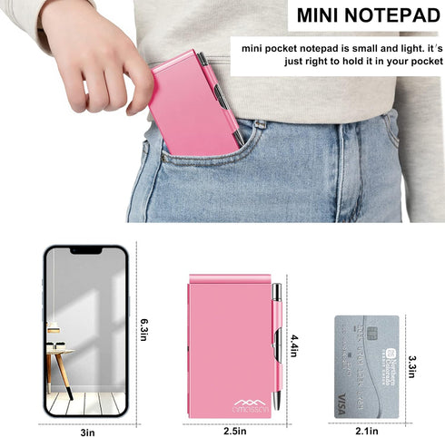 Metal Pocket Notebook, Small Pocket Notepad Aluminum Note Case with Mini Metal Pen and 60-Page Sheets (Fuchsia)...