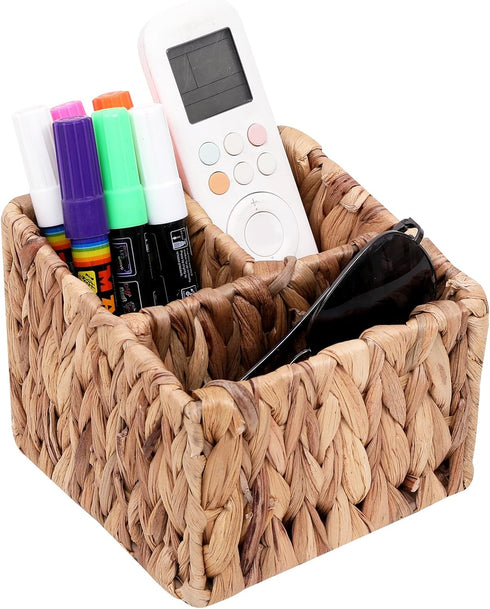 Remote Control Holder Wicker Desk Organizer Divided Storage Basket,Hand Woven Cosmetic Storage Box with 3 Compartments,Water Hyacinth Remote Contr...