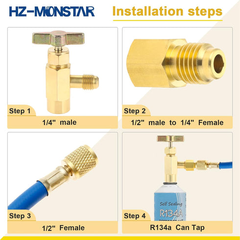 R134A R22 Brass Refrigerant Tank Adapter, R410a Vacuum Pump Adapter Fitting with 5/16" Sae Female x 1/4" Sae Male R12 R134A Tank Adapter Fits for ...