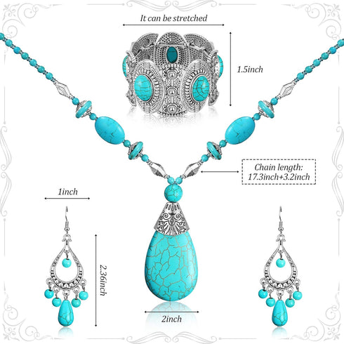 3 Pieces Bohemian Turquoise Jewelry Set Women Western Jewelry Set Turquoise Pendant Necklace, Vintage Turquoise Dangle Earrings, Stretchable Turqu...