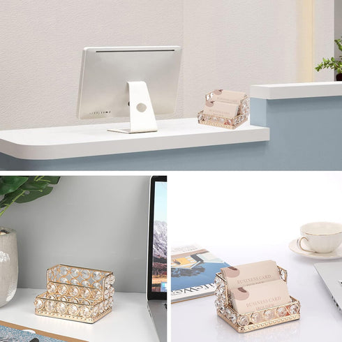 Hipiwe 2 Tiers Crystal Business Card Holder Stand Gold Mirrored Business Card Display Stand Organizer Desktop Business Card Storage Holder for Off...