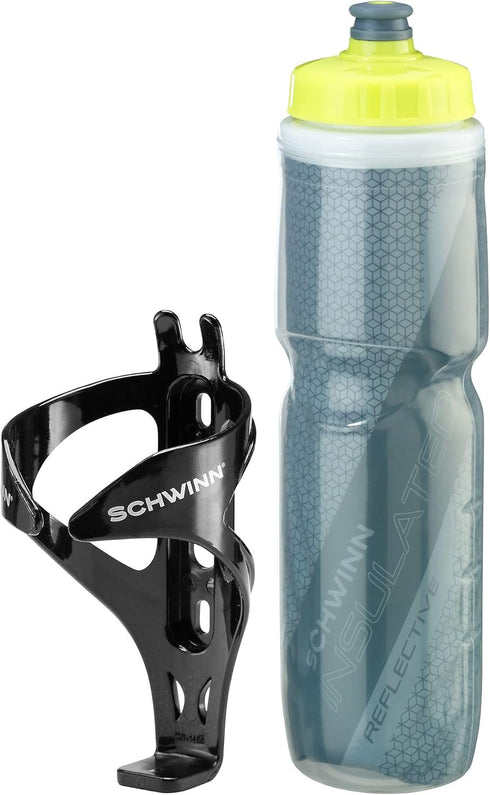 Schwinn Reflective Insulated Water Bottle and Bottle Holder Combo, Holds 26 Oz or 750 ml, BPA-Free Squeeze Sport Bottle with Easy to Attach Polyme...