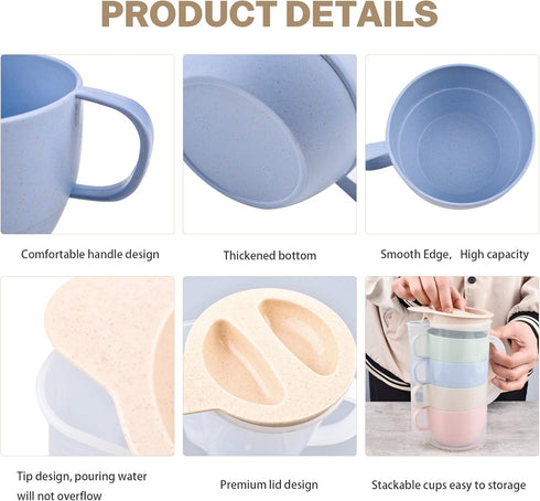 Lnrkai 5Pcs Camping Cups Plastic Set with Handle, Lightweight Breakfast Cups Reusable Unbreakable Mug with Pitcher Jug for Juice, Coffee, Tea, Wat...