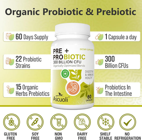 Ascuoli Probiotics for Women & Men - 300 Billion CFU, 22 Strains Probiotics + 15 Organic Herbs Blend, Daily Probiotics for Digestive Health, Immun...