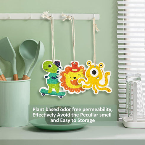 3pcs Compressed Wood Pulp Sponge Scrubber, Cute Cartoon Dual-Sided Reusable Dish Washing Cleaning Sponges Brush, with lanyard, Individually Packag...