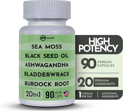 Black Seed Oil 3000mg Sea Moss 3000mg Ashwagandha 1000mg Turmeric 1000mg Burdock 1000mg Bladderwrack 1000mg & Elderberry Manuka Chlorophyll Dandel...