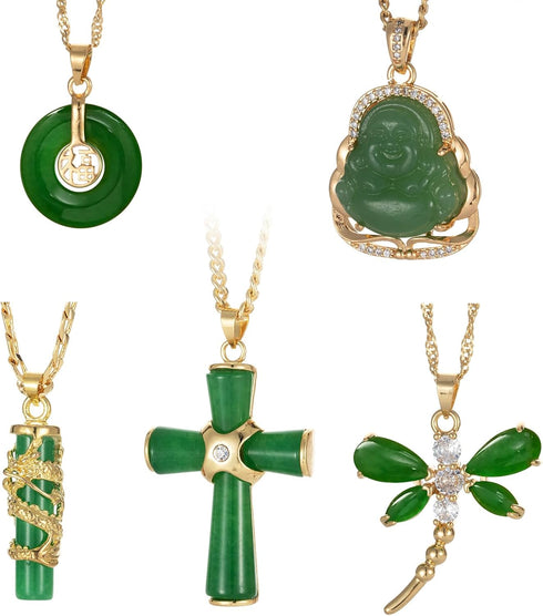 5Pcs Green Jade Buddha Pendant Necklace Set 18K Gold Plated Zircon Chain Lucky Buddha Necklace for Women Cross Dragon Dragonfly Round Pendant Neck...