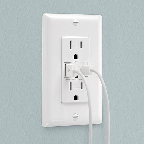 Maxxima 15A USB Wall Outlet Receptacle, 30W Power Delivery QC 3.0 Type-C/A w/ 2 Standard Outlets, High Speed Charging for Smart Devices, Duplex Re...