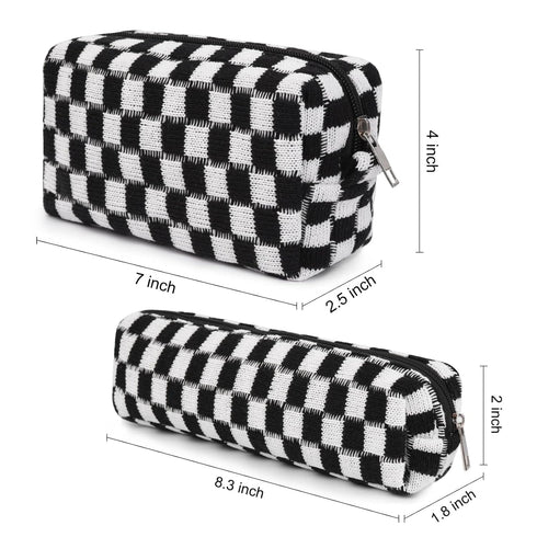 Makeup Bag Checkered Cosmetic Bag Black Makeup Pouch 1Pcs Large Capacity Makeup Bags and 1Pcs Makeup Brushes Storage Bag Travel Toiletry Bag Organ...