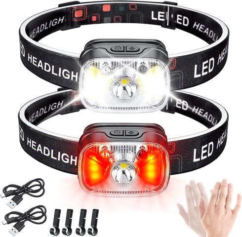 Type-C Rechargeable Red Headlamp (2 Pack), 1200 Lumen 14 Modes Bright White Light Head Lamp with Motion Sensor, IPX4 Waterproof Adjustable Strap H...
