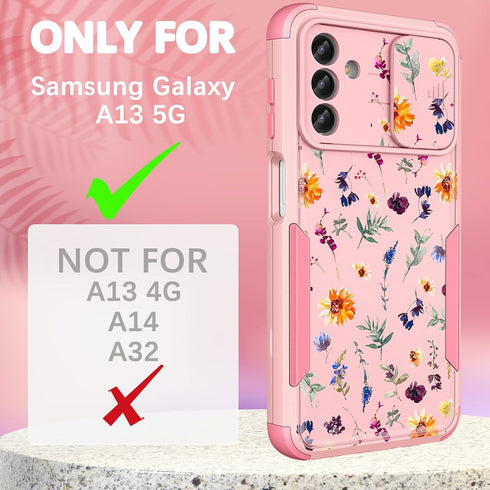 for Samsung Galaxy A13 5G Case,Galaxy A13 5G Case with Slide Camera Cover for Women Men,Heavy Duty Protective Flowers Collection Phone Cover for S...