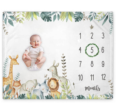 Popfavors, Yuzioey Safari Baby Monthly Milestone Blanket - Jungle Animals Growth Chart for Nursery Decor - White, 50Inx40In - Includes Marker...