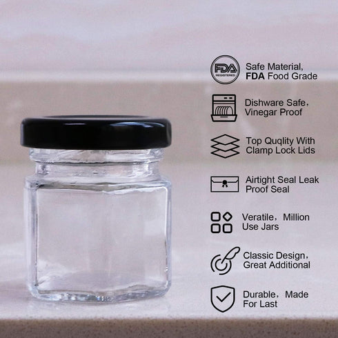 Encheng 1.5 oz Clear Hexagon Jars,Small Glass Jars With Lids(black),Mason Jars For Herbs,Foods,Jams,Liquid,Mini Spice Jars For Storage 30 Pack...