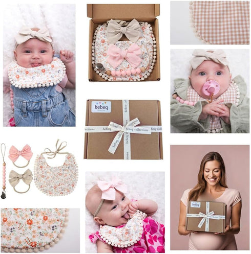 Baby Girl Reversible Bib set- Matching Headbands and Pacifier Clip, Set for 0-18 months drool bib paci set, girl accessories...