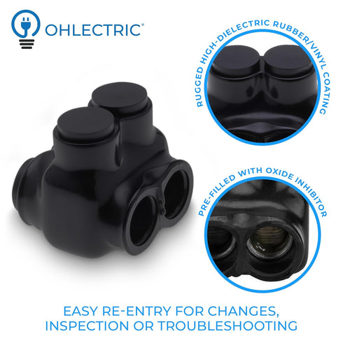 OhLectric Multi Cable Connectors with 2 Port 250 MCM-#6-2 - Dual Entry Splice Electrical Power Connector - Black Insulated Vinyl Coated Wire Conne...