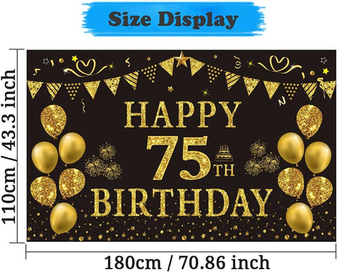 Trgowaul 75th Birthday Backdrop Gold and Black 5.9 X 3.6 Fts Happy Birthday Party Decorations Banner for Women Men Photography Supplies Background...