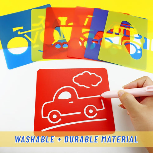 24 Pieces Stencils for Kids 5.9 x 5.5 Inches Drawing Stencils Chalk Stencils Large Washable Vehicles Themed Primary Shape Template for Kids Toddle...