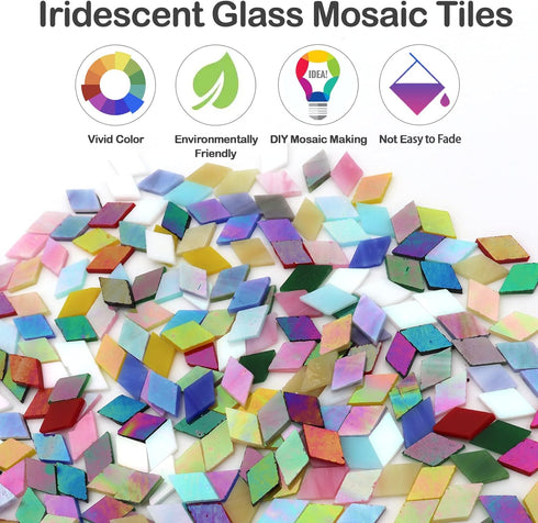 LITMIND Diamond Shaped Iridescent Glass Mosaic Tiles for Crafts Bulk, 0.79" x 0.48" Precut Mixed Colors Stained Glass Pieces, DIY Mosaic Making Su...