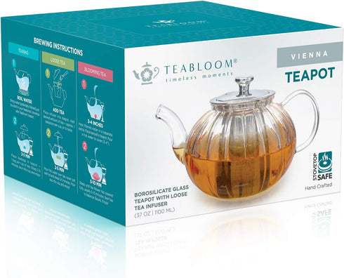 Teabloom Vienna Glass Teapot – Stain-Free Heatproof Glass – Stovetop Safe – Removable Stainless Steel Infuser – Perfect for Loose Leaf Tea – 37 oz...