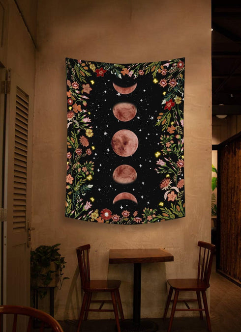 Rexful Moonlit Garden Tapestry, Moon Phase Surrounded by Plants and Flowers Black Wall Hanging Blanket 44×60 inch...
