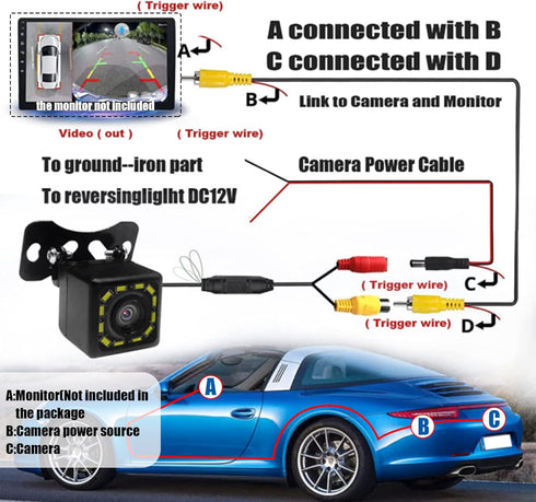 Car Backup Camera, Waterproof Ultra HD 12 LED Night Vision Rear View Camera, 170° Wide View Angle Long License Plate Frame Camera, Universal Cars,...