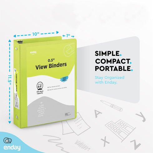½ Inch 3 Ring Binder .5 inch Green Clear View Cover with 2 Inside Pockets, Colored School Supplies Office and Home Binders – by Enday...