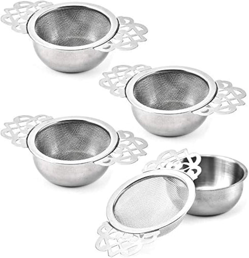 4 Set Tea Strainers with Drip Bowls, Loose Leaf Tea Strainers with Double Winged Handles Extra Fine Mesh Tea Infuser Brew Loose Leaf Tea, Spices, ...