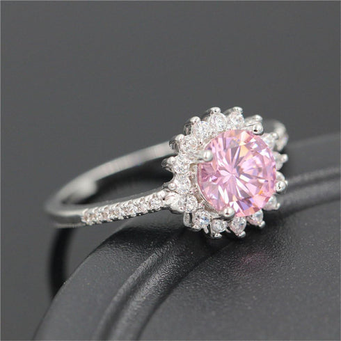 Uloveido Platinum Plated Pink Round Cubic Zirconia Sun Flower Rings for Women Y3522...