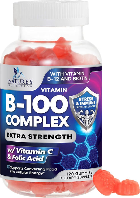 Super B Complex Gummies with Vitamin C & Folic Acid, Extra Strength Vitamin B Gummy Supplement with Niacin, B6, Folic Acid, B12, Biotin, Nature's ...