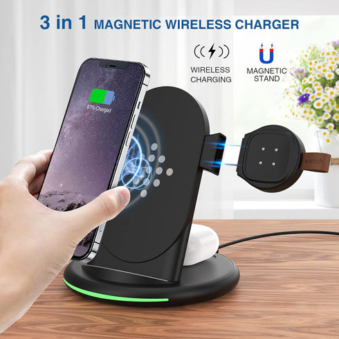 3 in 1 Charger for Fitbit Sense/Sense 2/Fitbit Versa 3/Versa 4,Wireless Charging Station Compatible for iPhone 13/14 Pro Max/12/11/8, for Samsung ...