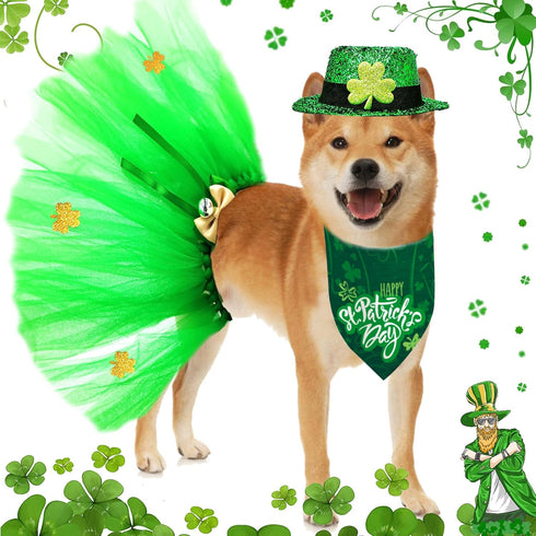 St Patrick's Day Dog Costume 3Pack Pet Clothe Leprechaun Top Hat Reversible Dog Bandana Dress for Meidum Dogs Cat Irish Festive Outfit Accessories...