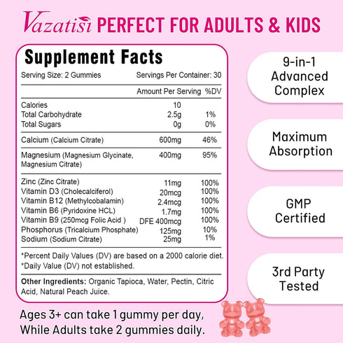 2 Pack Calcium Magnesium Zinc Gummies with Vitamin D3 & B12, Sugar Free Calcium Supplements for Women Men, Vegan Peach Flavor…...