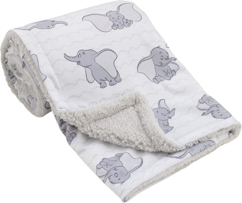Disney Dumbo White and Grey Super Soft Baby Blanket with Sherpa Back...