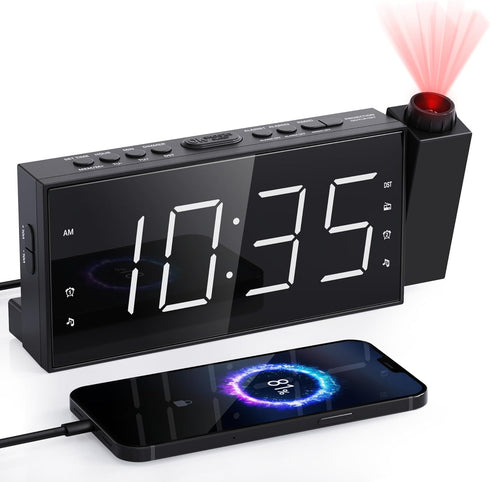 Mesqool Projection Alarm Clock with FM Radio,Large Number Display & Dimmer,USB Charger,Sleep Timer,Battery Backup,Dual Alarms,Clock Radio for Bedr...