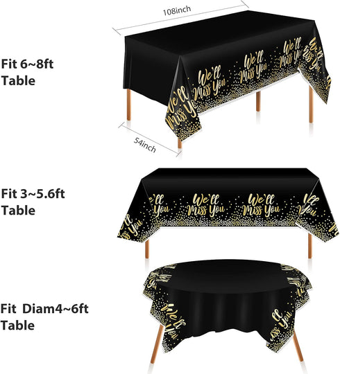3 Pack We Will Miss You Black and Gold Plastic Tablecloths, Disposable Party Table Cloths, Dot Confetti Covers for Retirement Awaits Bye Office Wo...
