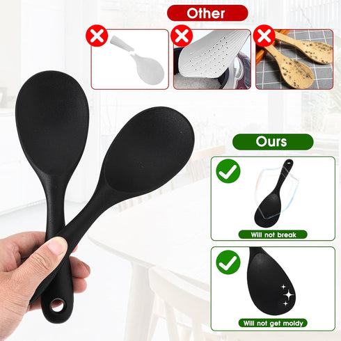 2 Pcs Rice Spoon Paddle Silicone Black Rice Spoon Rice Cooker Spoon Non Stick Heat Resistant Kitchen Works for Rice Mashed Potato Salads...