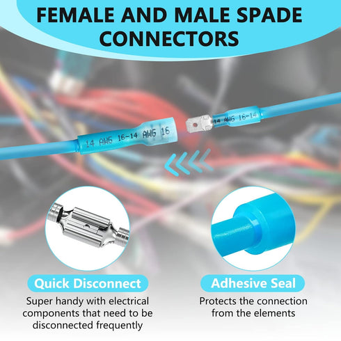 200 Pcs Heat Shrink Spade Connectors, Male and Female Spade Connectors, Blue Heat Shrink Wire Terminals, Insulated Quick Disconnect Electrical Ter...