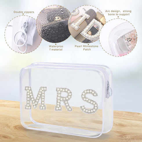 Bride Clear Makeup Bag Cosmetic Bag Waterproof Bride Toiletry Bag Mrs Pearl Rhinestone Patch Letter Bags Makeup Pouch Travel Storage Bag for Brida...