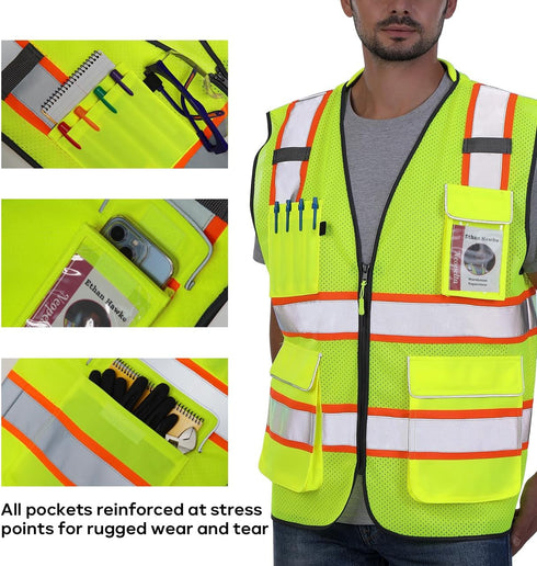 Reflective Safety Vest Yellow Mesh, High Visibility Vest with Pockets and Zipper, Padded Neck, Construction Work Vest ANSI Class 2, Yellow with Or...