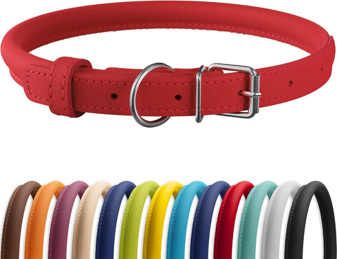 CollarDirect Rolled Leather Dog Collar, Soft Padded Round Puppy Collar, Handmade Genuine Leather Collar Dog Small Large Cat Collars 13 Colors (11-...